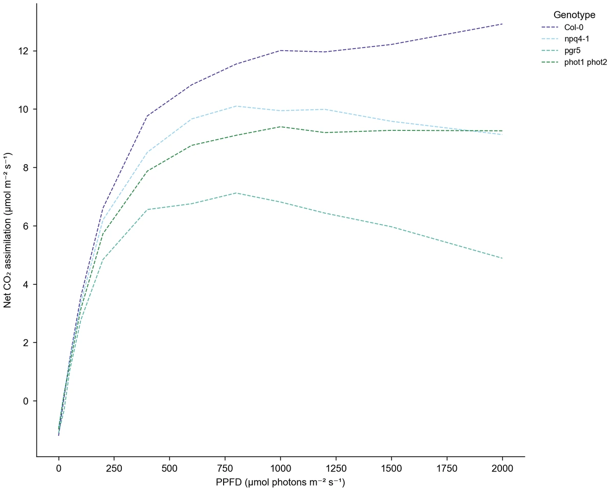 Dashed genotype light-response lines without markers or interval layers (Figure generated with SciFig)