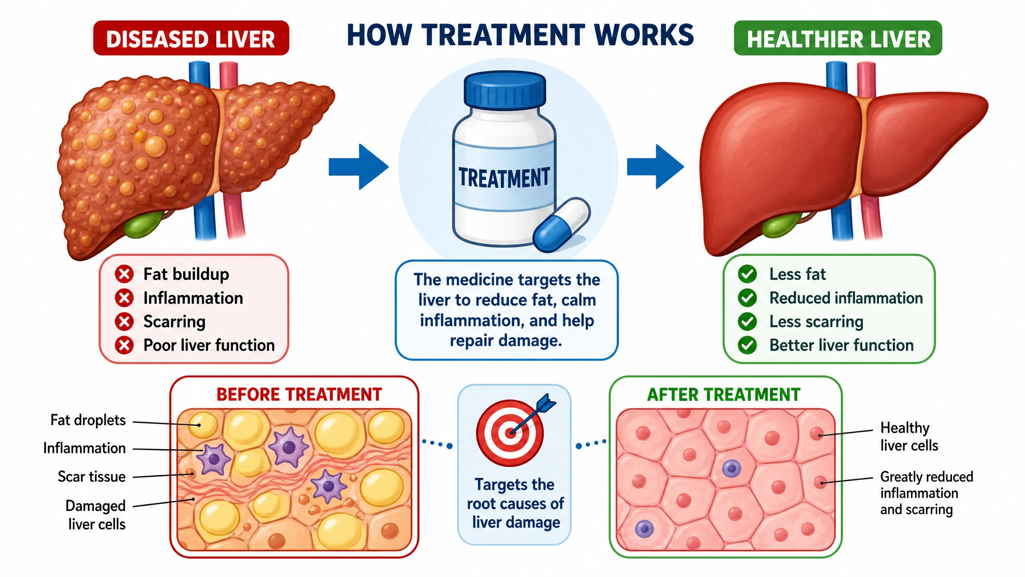 Simplified patient-education medical illustration of a treatment acting on an affected organ with bold lay-friendly labels (Figure generated with SciFig)