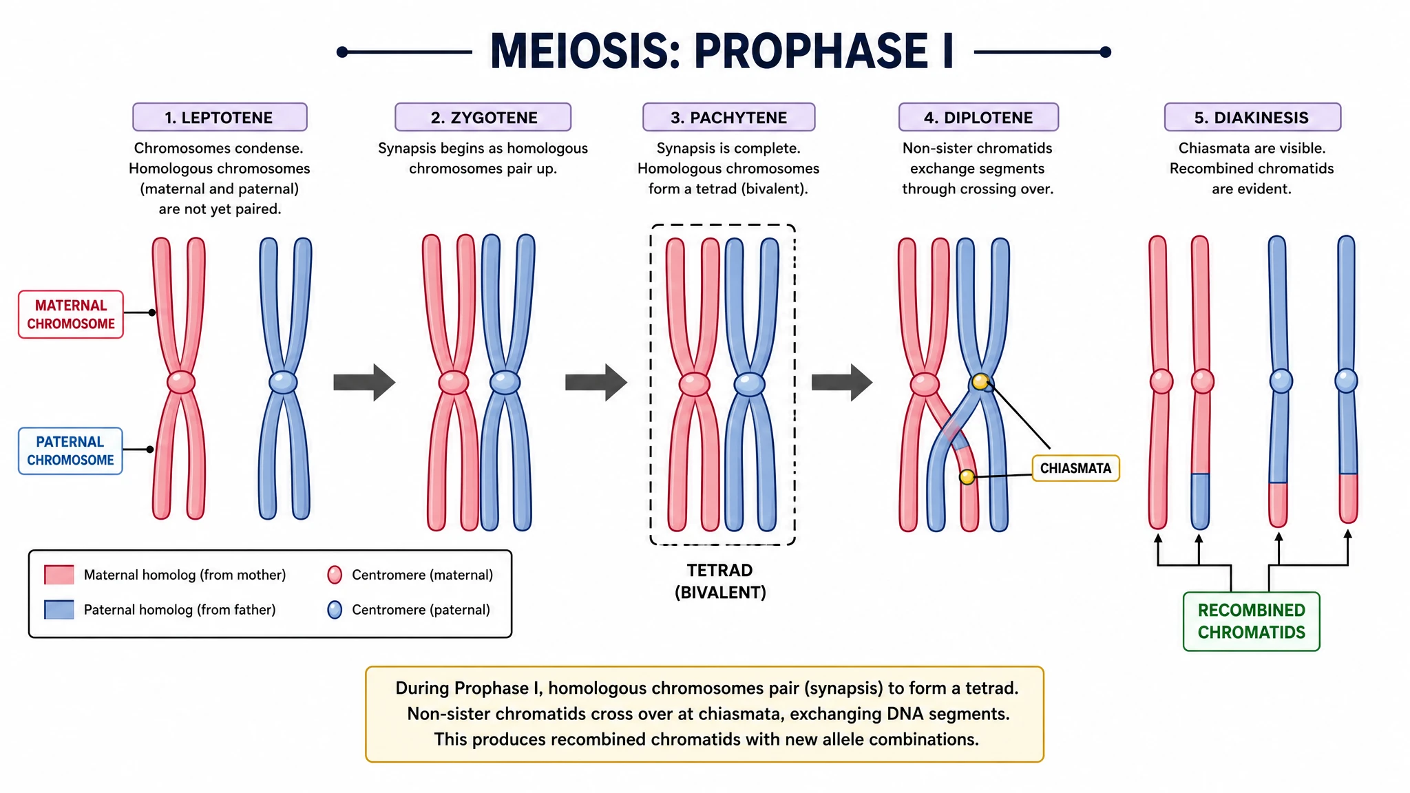 Phases of meiosis diagram of prophase I showing homologous chromosome synapsis and crossing over at chiasmata (Figure generated with SciFig)