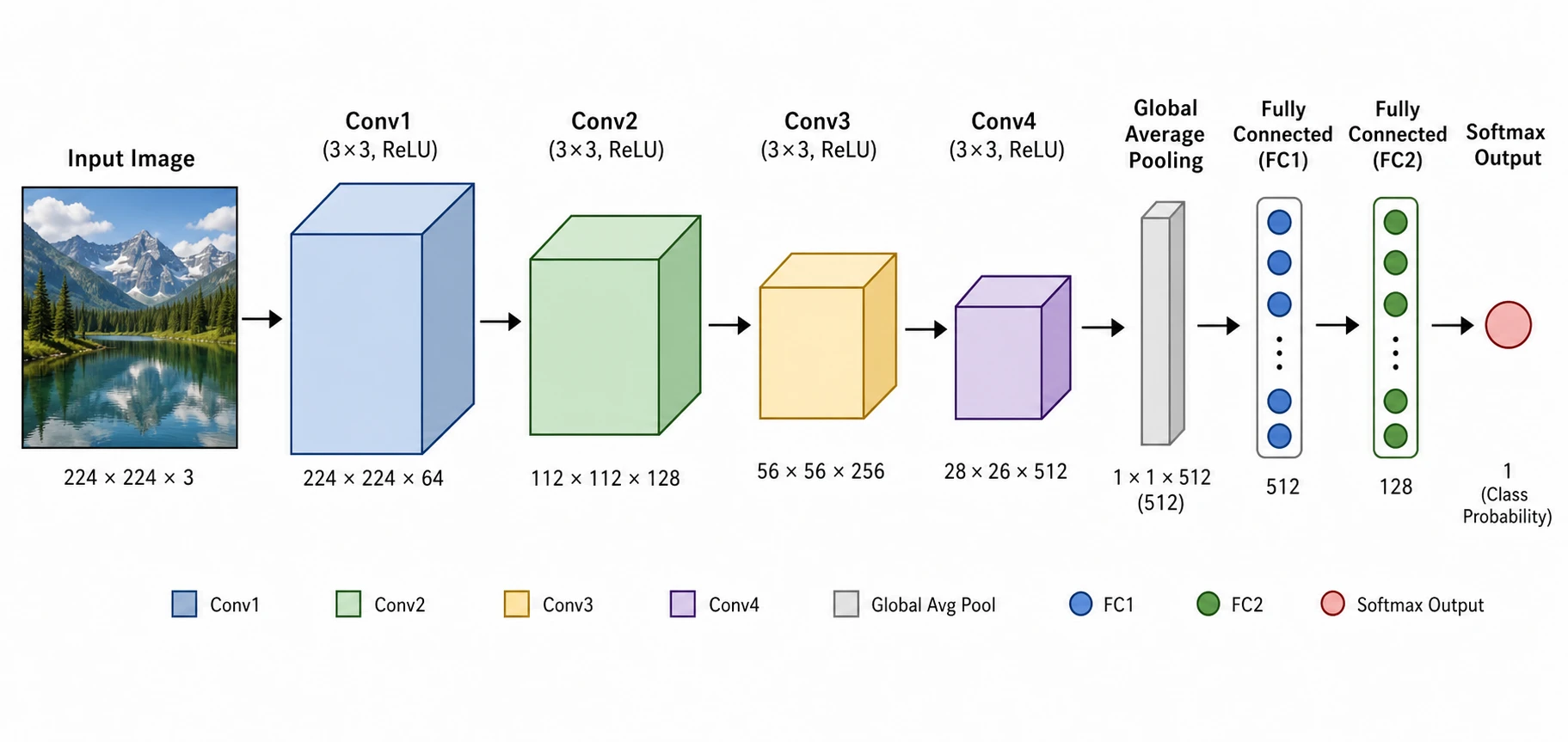 Neural network diagram showing convolutional layers, pooling, fully-connected layers, and softmax output with dimension labels (Figure generated with SciFig)