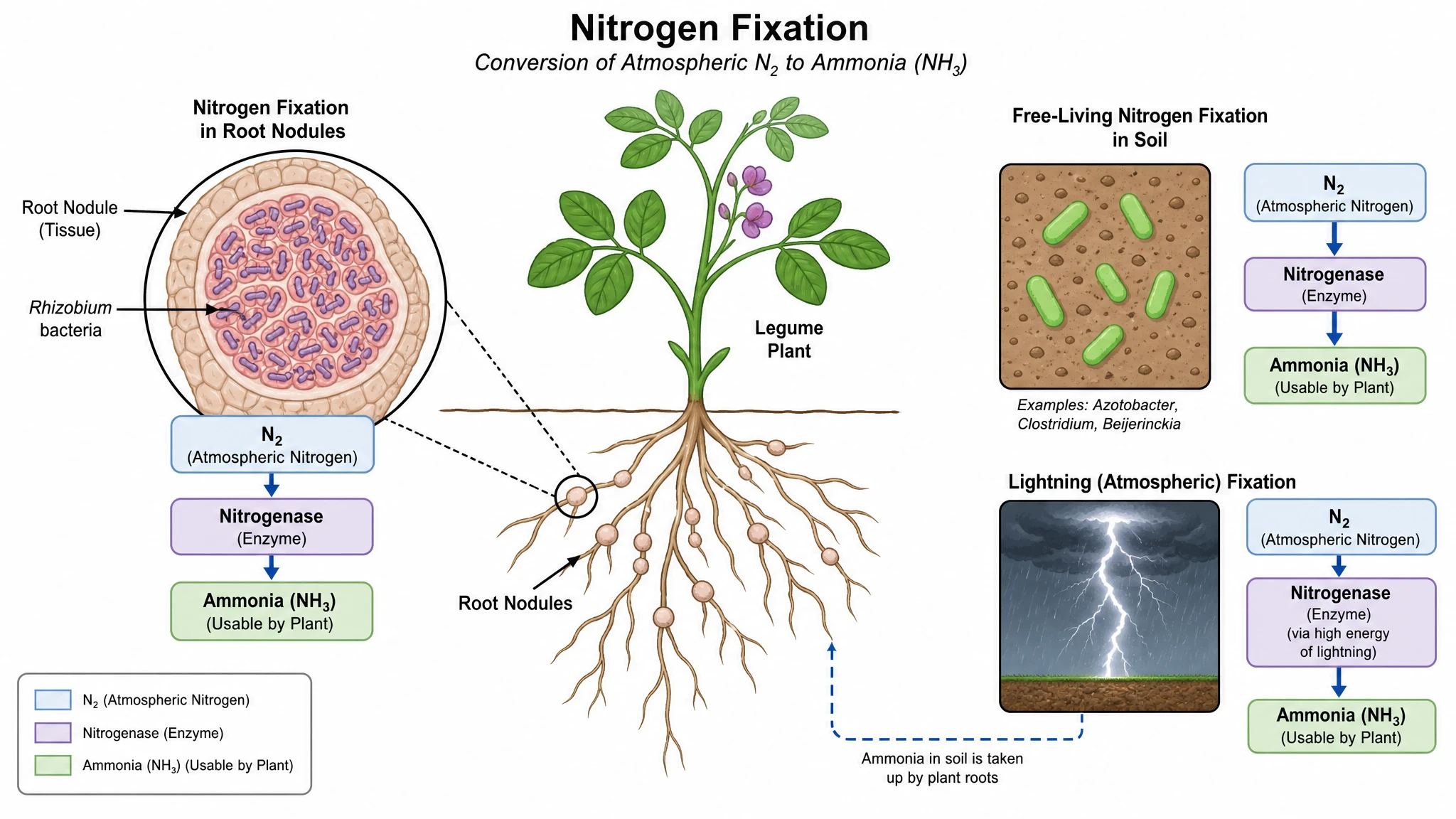 Nitrogen fixation diagram showing Rhizobium bacteria in legume root nodules converting N2 into ammonia (Figure generated with SciFig)