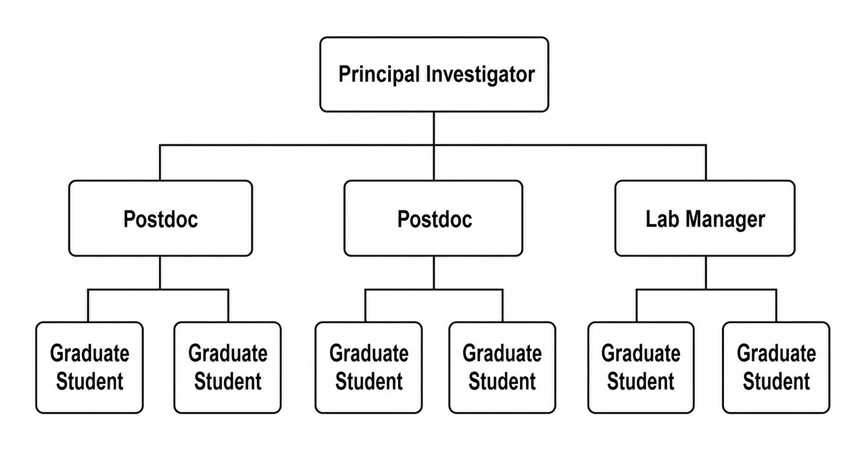 Research lab org chart generated from a list showing PI, postdocs, lab manager, and graduate students (Figure generated with SciFig)