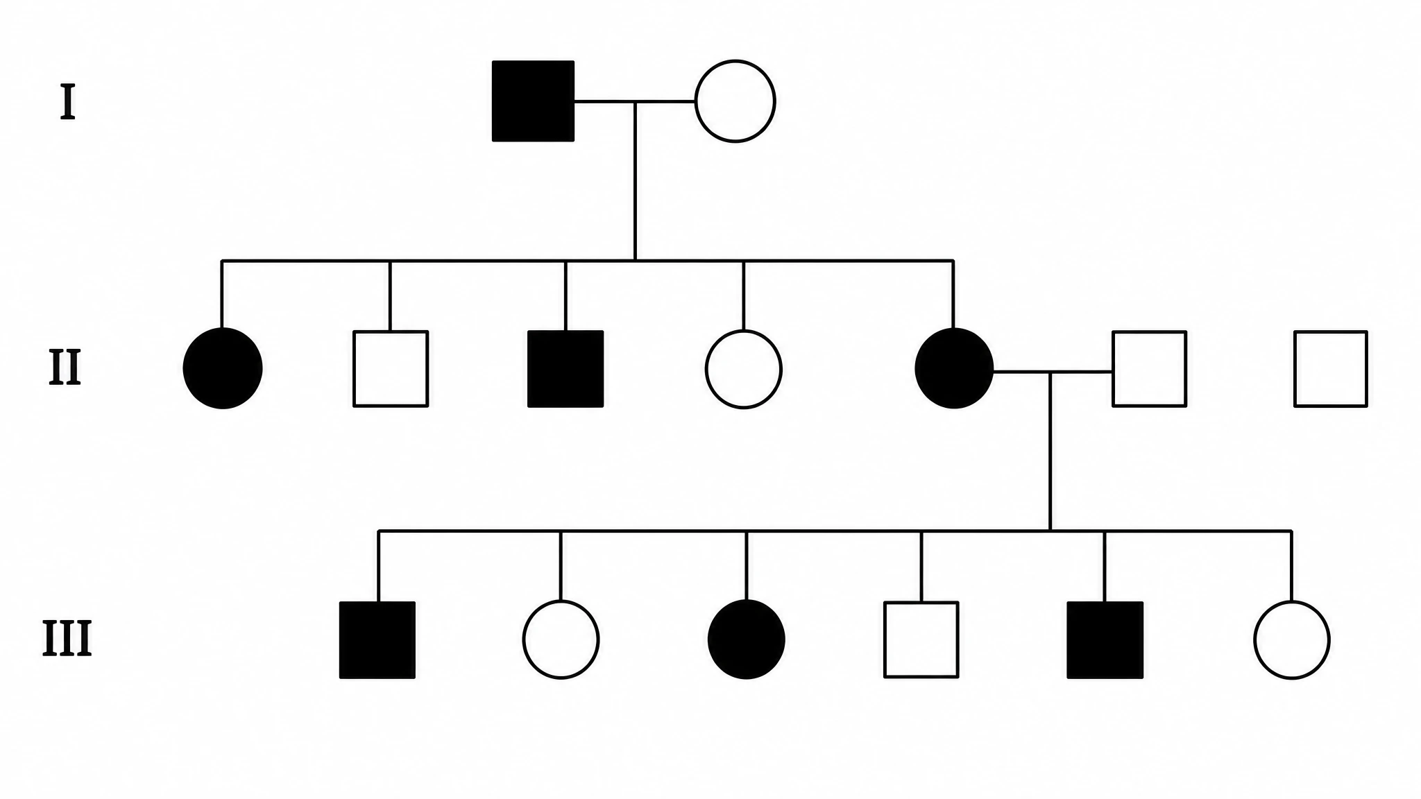 Genetics pedigree chart showing an autosomal dominant inheritance pattern with affected individuals in every generation (Figure generated with SciFig)