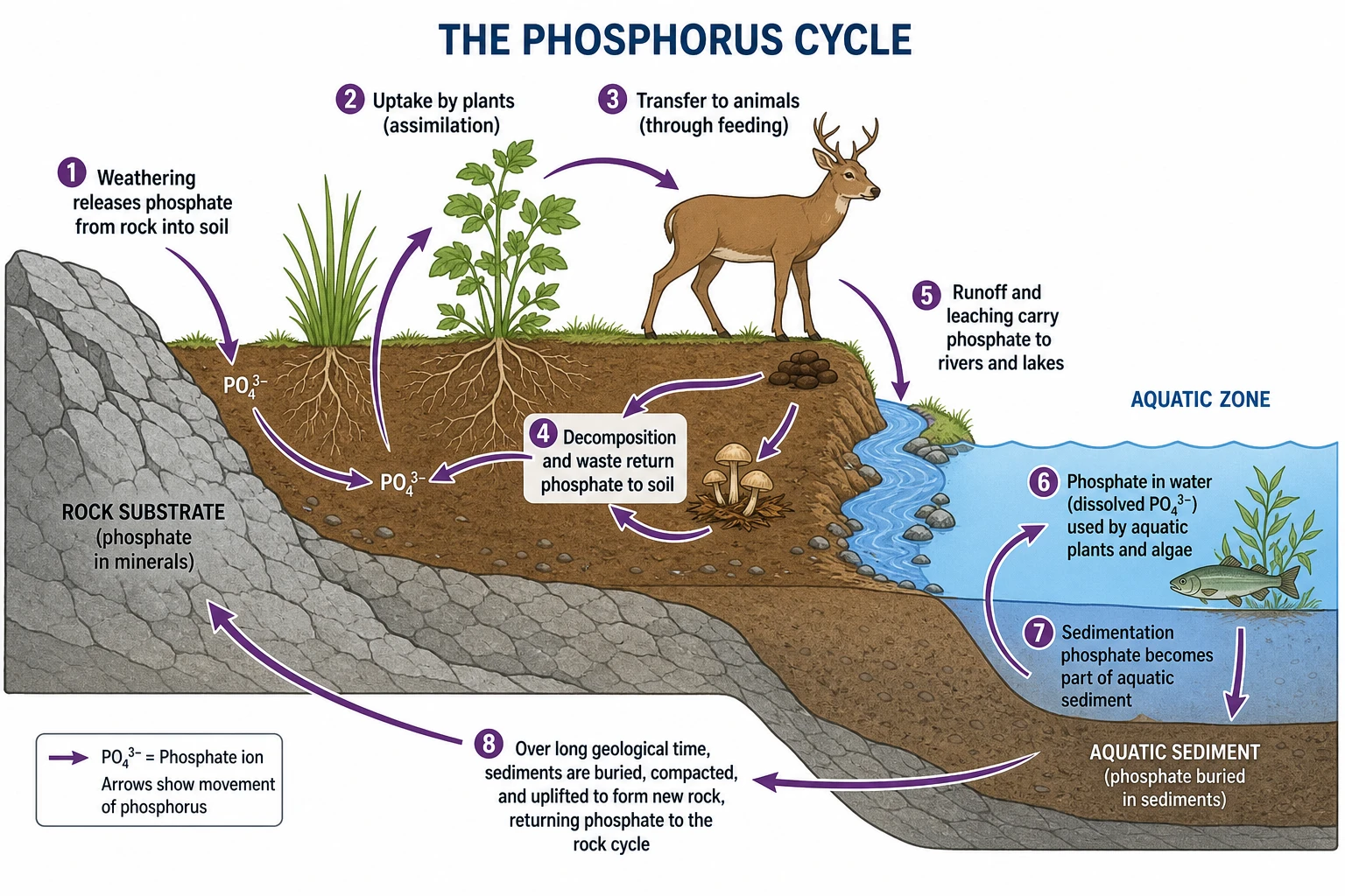 Phosphorus cycle diagram as an ecosystem cross-section showing phosphate movement from rocks through soil, biota, and into aquatic sediment (Figure generated with SciFig)