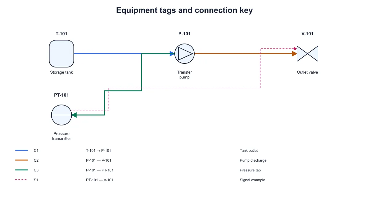 Four tagged equipment symbols with solid pipes, a dashed signal and a four-row connection key