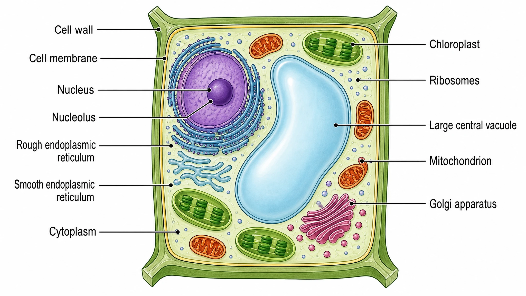 Detailed labeled plant cell diagram with callout lines identifying the cell wall, chloroplasts, central vacuole, and nucleus (Figure generated with SciFig)