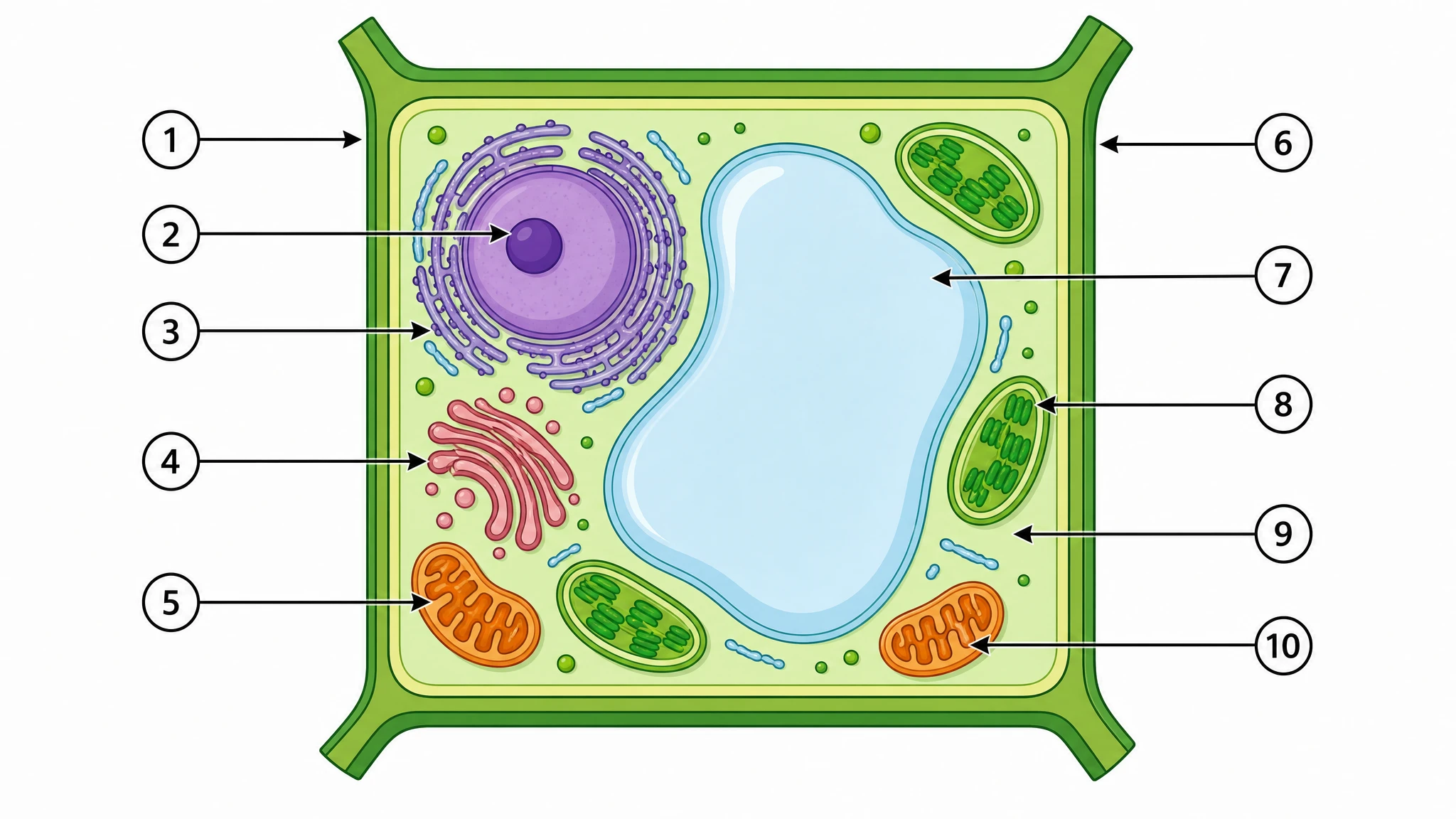 Unlabeled plant cell diagram with numbered arrows pointing to the cell wall, chloroplasts, and central vacuole, blank for biology worksheet use (Figure generated with SciFig)