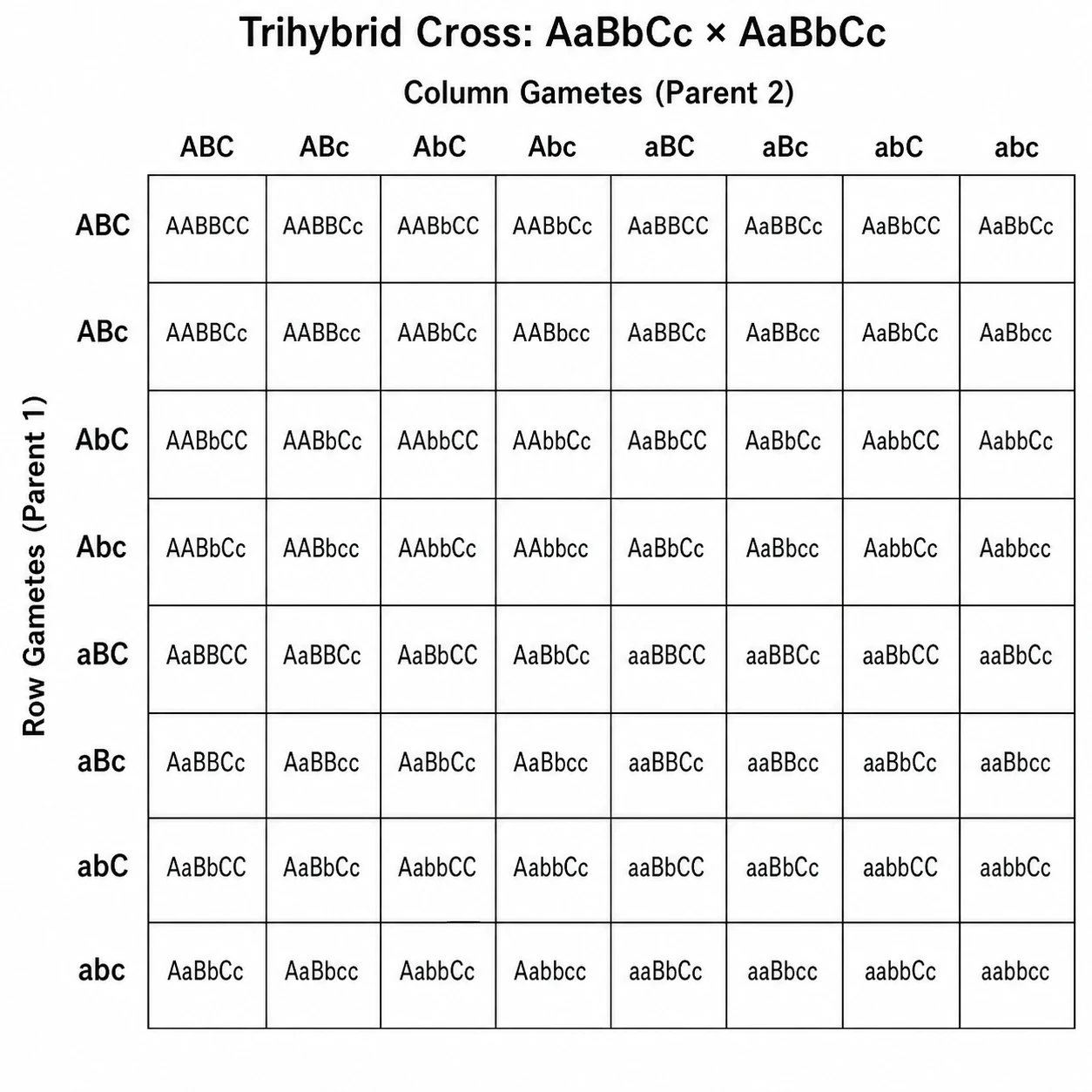 Giant Punnett square diagram for a trihybrid cross showing 8x8 grid with all 64 offspring genotype combinations (Figure generated with SciFig)