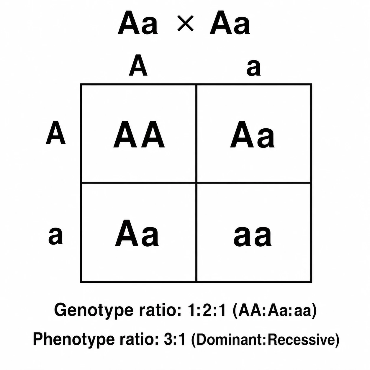 Punnett square diagram for a monohybrid Aa cross showing 2x2 grid with genotype ratio 1:2:1 and phenotype ratio 3:1 (Figure generated with SciFig)