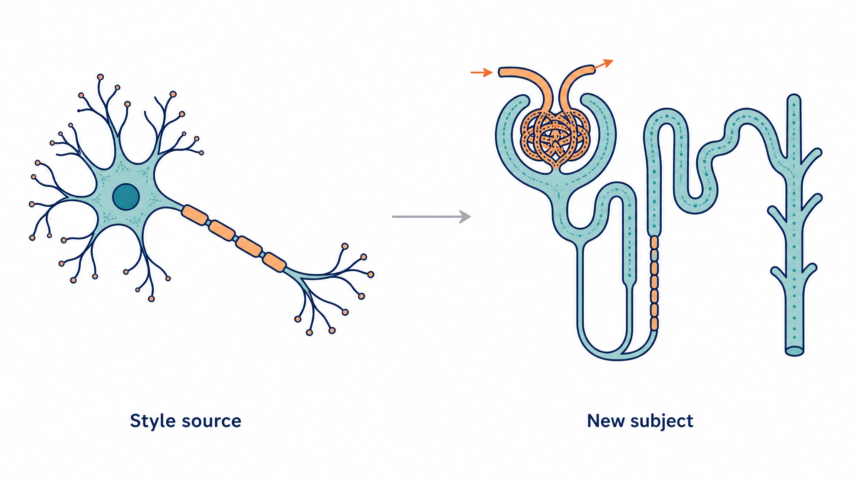A neuron illustration and a kidney nephron illustration in the same palette and line weight, showing a shared style with a new subject (Figure generated with SciFig)