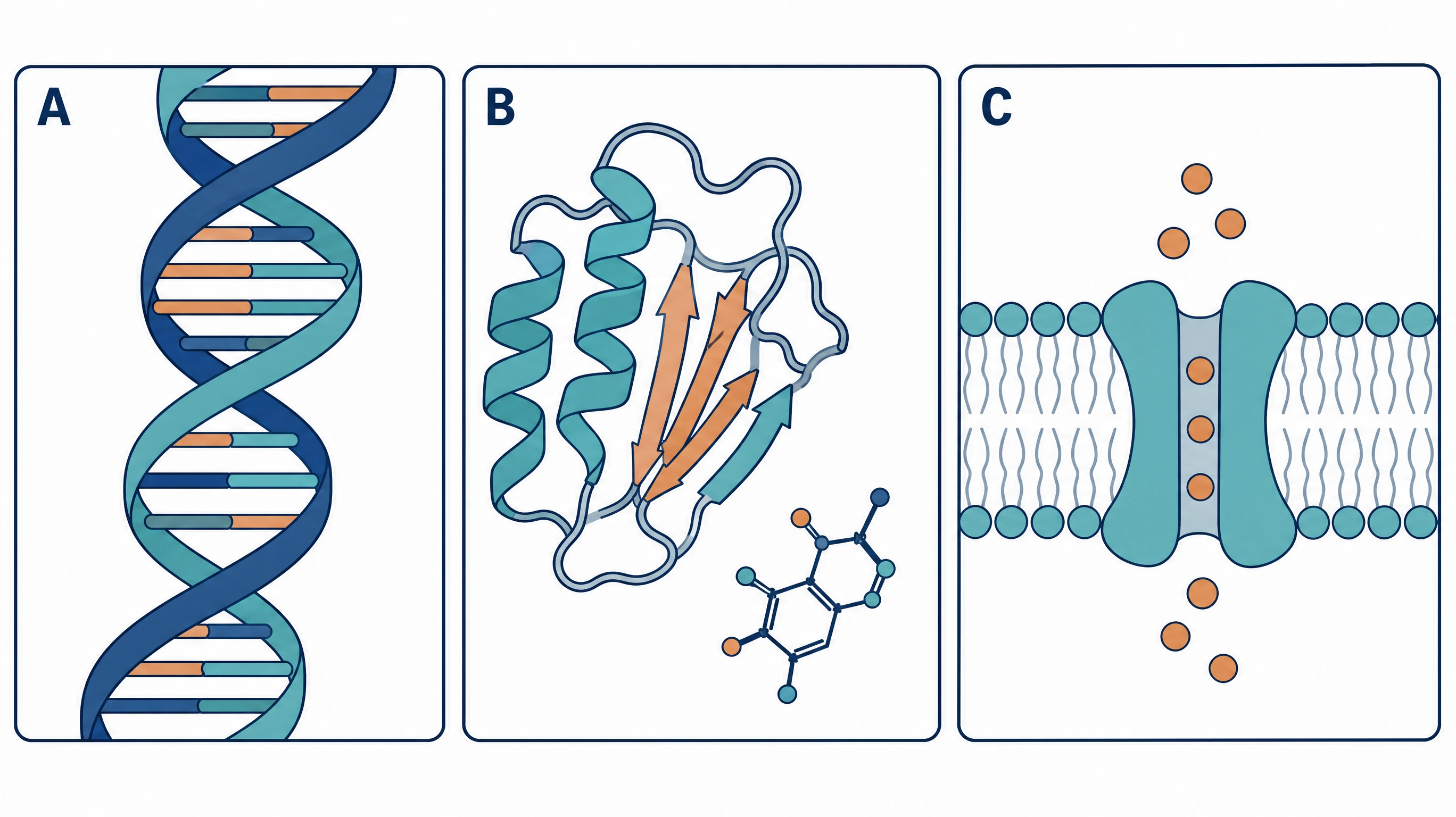 Three consecutive scientific figure panels of a DNA helix, a protein with a ligand, and a membrane channel drawn in one consistent style (Figure generated with SciFig)