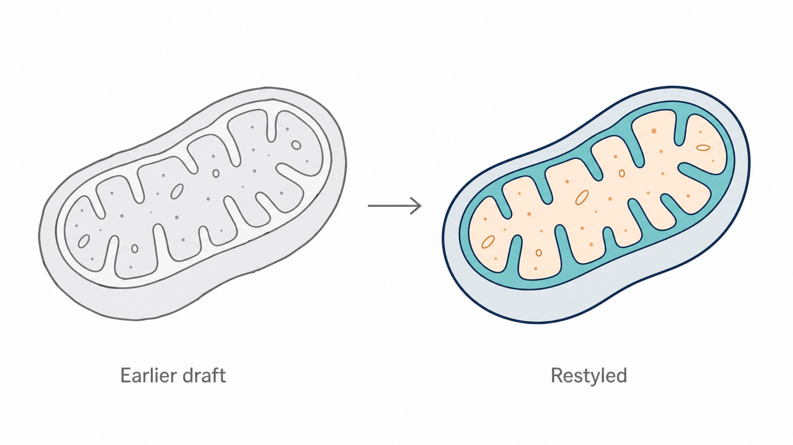 A plain grey mitochondrion draft beside the same scientific figure recreated in a polished navy, teal, and orange style (Figure generated with SciFig)