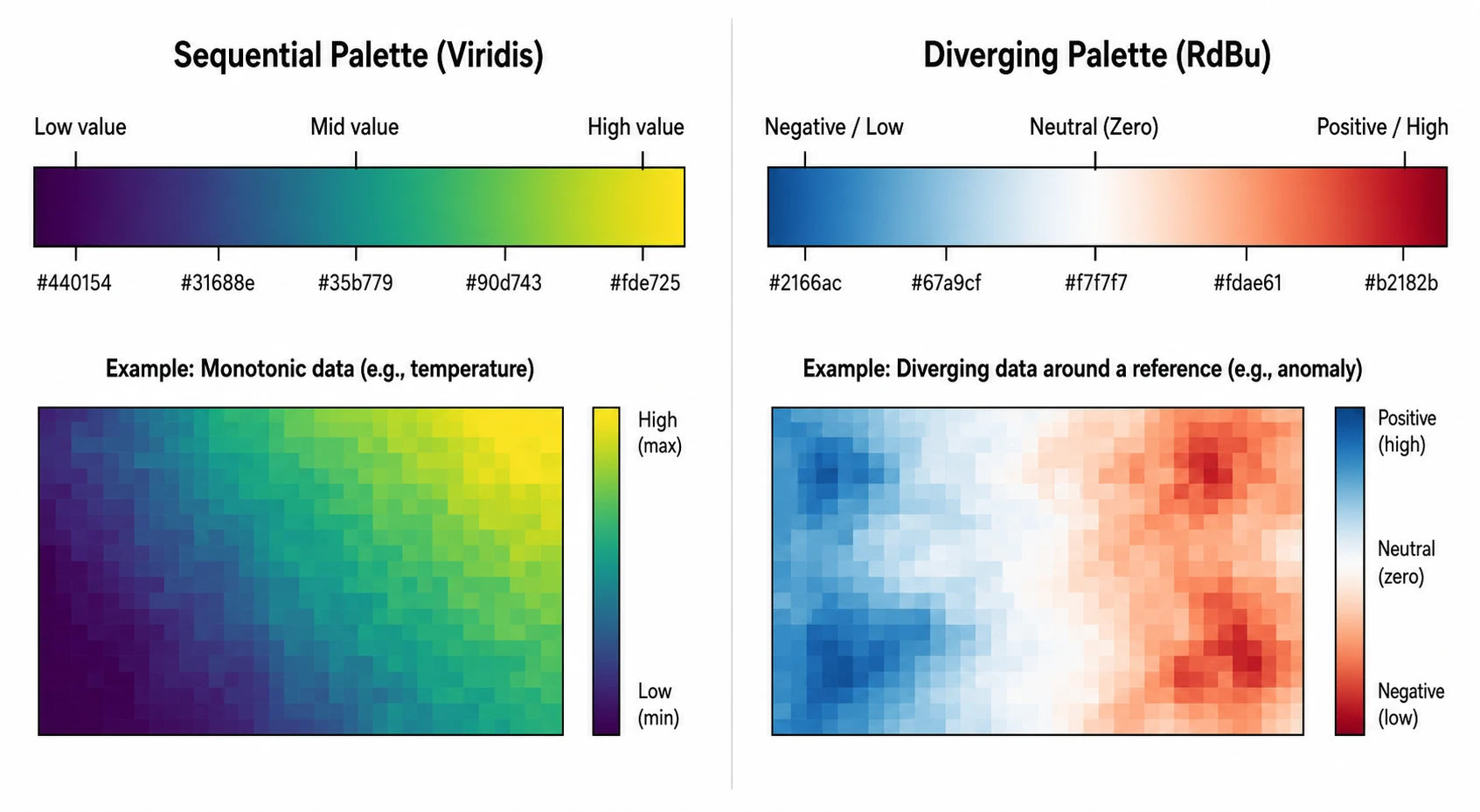 Side-by-side comparison of sequential and diverging scientific color palettes with gradient strips, hex codes, and example heatmaps (Figure generated with SciFig)