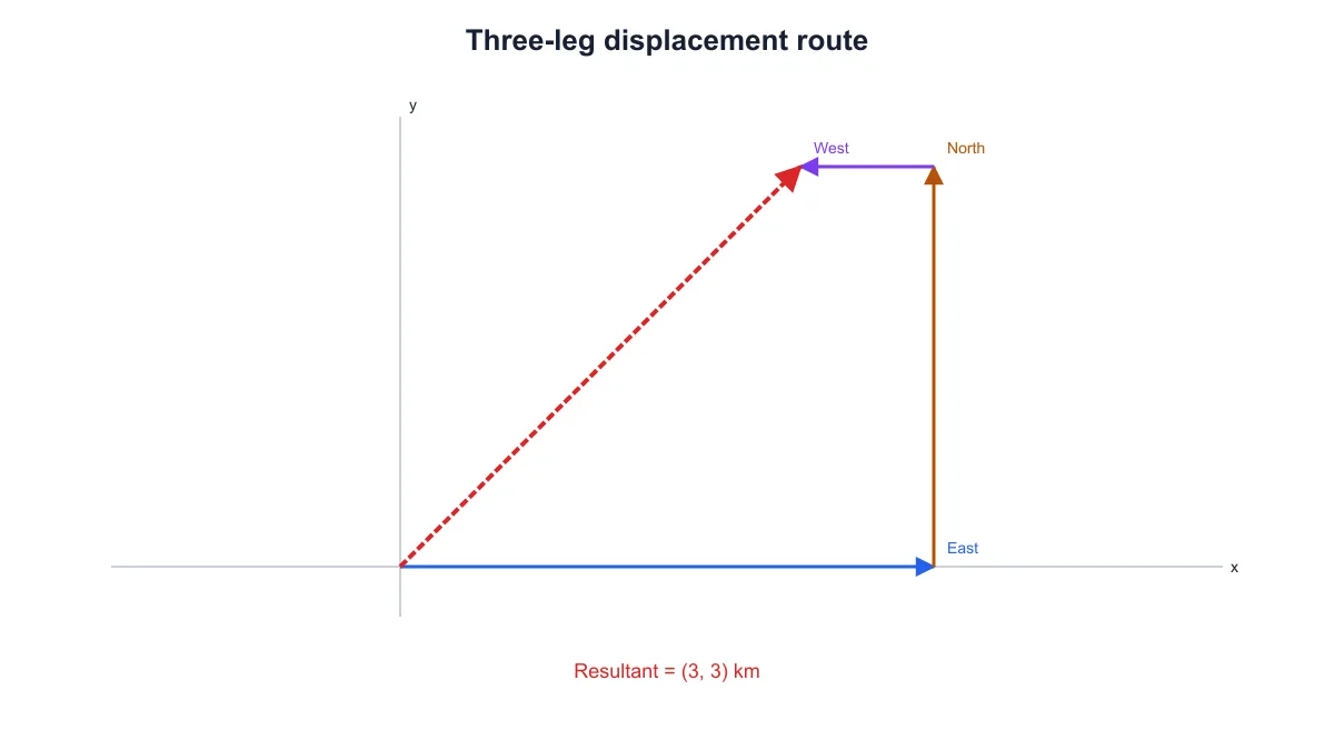 East, north and west displacement legs arranged head to tail with a three comma three kilometer resultant