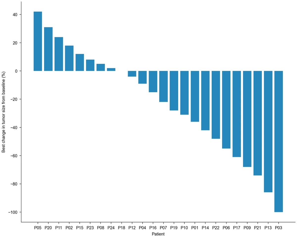 Bar chart of best percentage change in tumor size for 24 patients, sorted from a 42% increase to a 100% decrease, each bar starting at zero (example data)