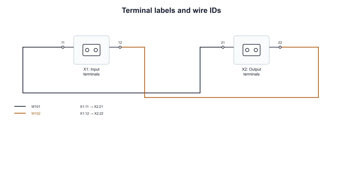 Two numbered terminal blocks connected by wires W101 and W102