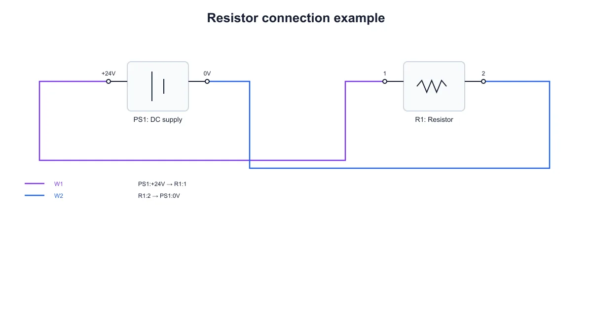 Supply and resistor symbols linked through two individually labeled terminals
