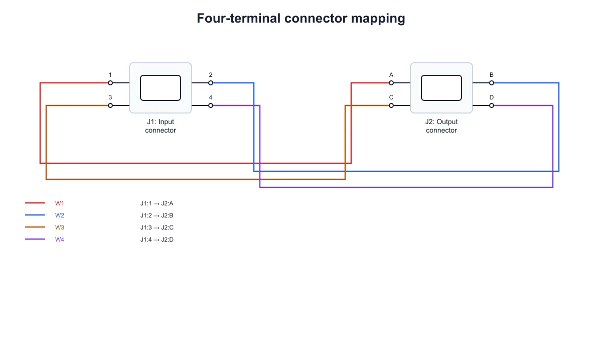 Four numbered connector terminals mapped to A, B, C and D with individual wire IDs and colors